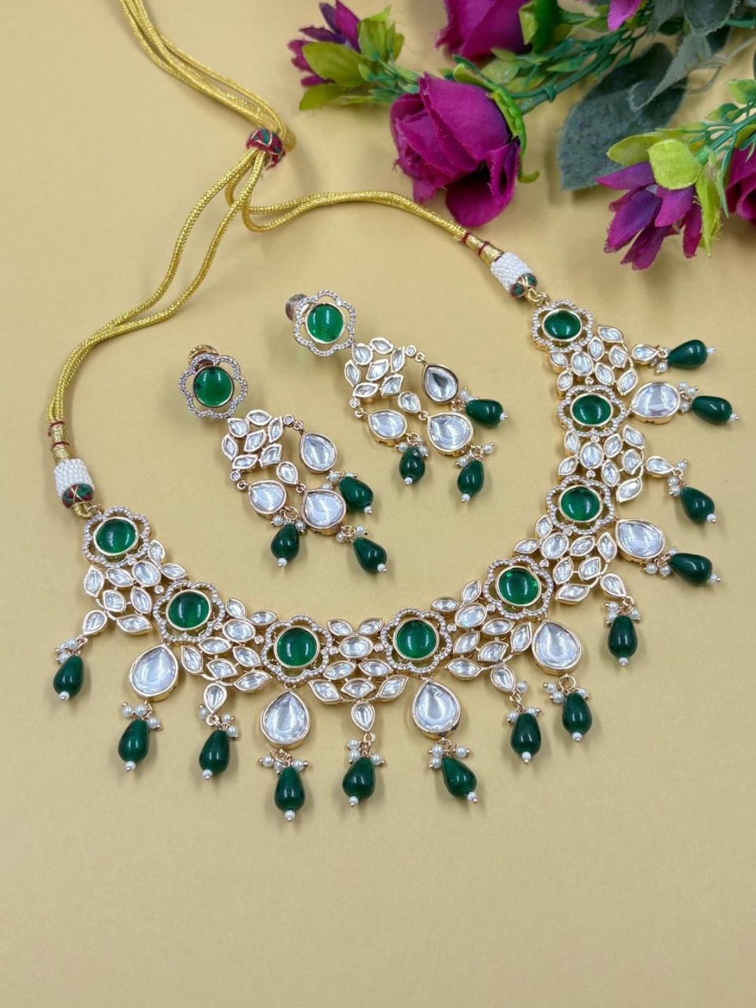 Elegant green Polki Kundan Necklace Set For Women - Wedding & Party Wear Kundan Jewellery Set
