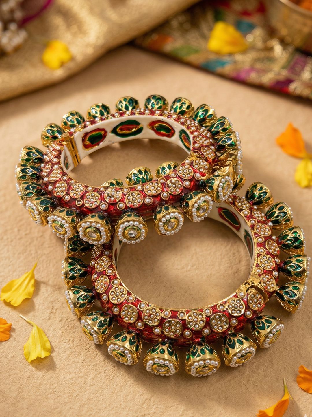 Gold Plated Kundan red  Meenakari And Pearls Pacheli Bangles For Women By Gehna Shop