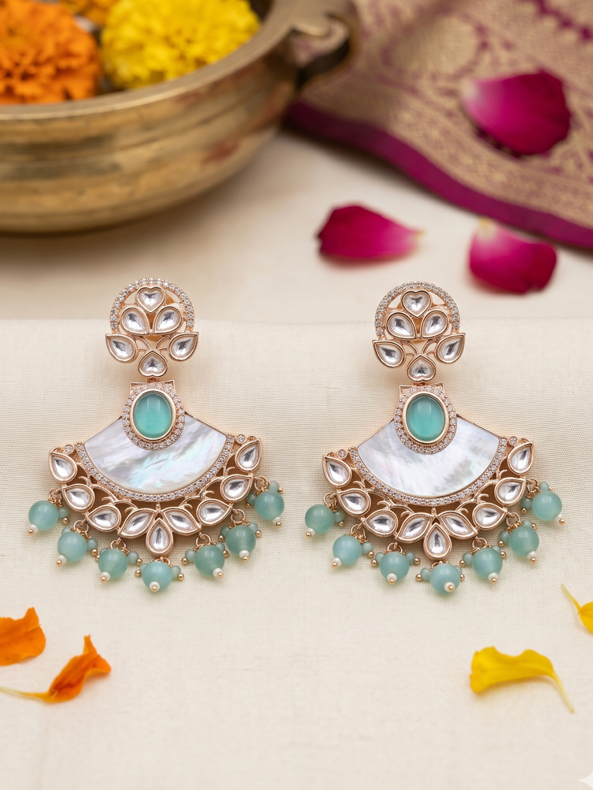 Designer Kundan And Mother Of Pearl light green Beaded Chandbali Earrings For Women  - Statement Earrings