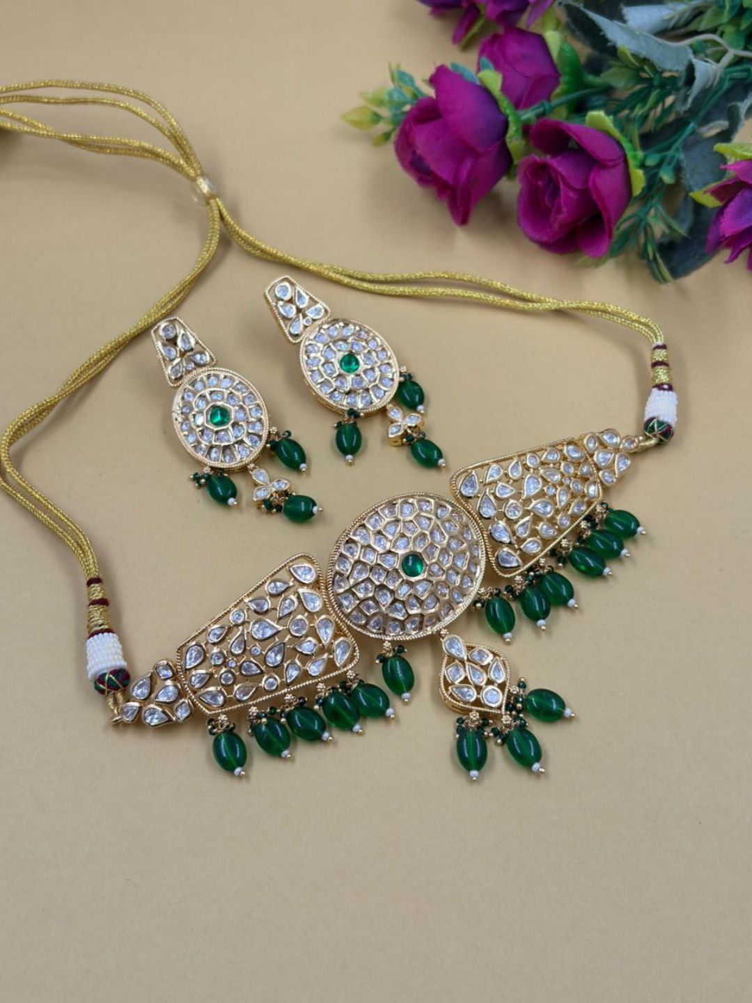 Gold Plated Statement Look green Kundan Choker Necklace Set - Wedding And Party Wear