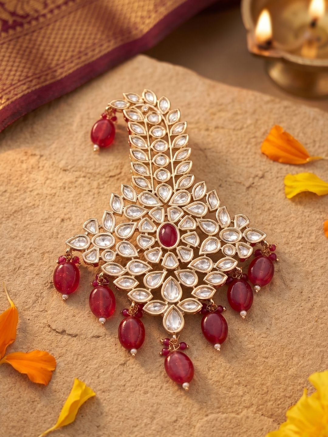 Designer Kundan Safa Kalgi For Grooms | Kalangi Brooch For Men with red stones 