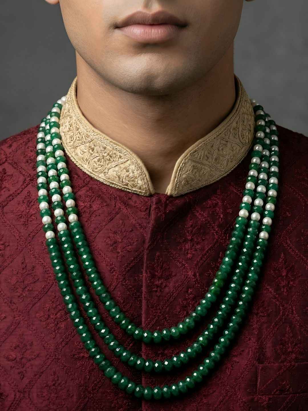 Layered Green Jade And Pearls Sherwani Mala For Men | Dulha Sherwani Necklace