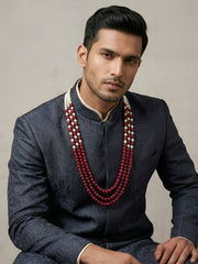 long Layered Pearls And Red Jade Beaded Necklace for grooms - Sherwani Beaded Jewellery