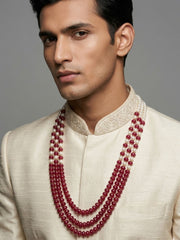  Layered long Pearls And Red Jade Beaded Necklace for grooms -Sherwani Beaded Jewellery