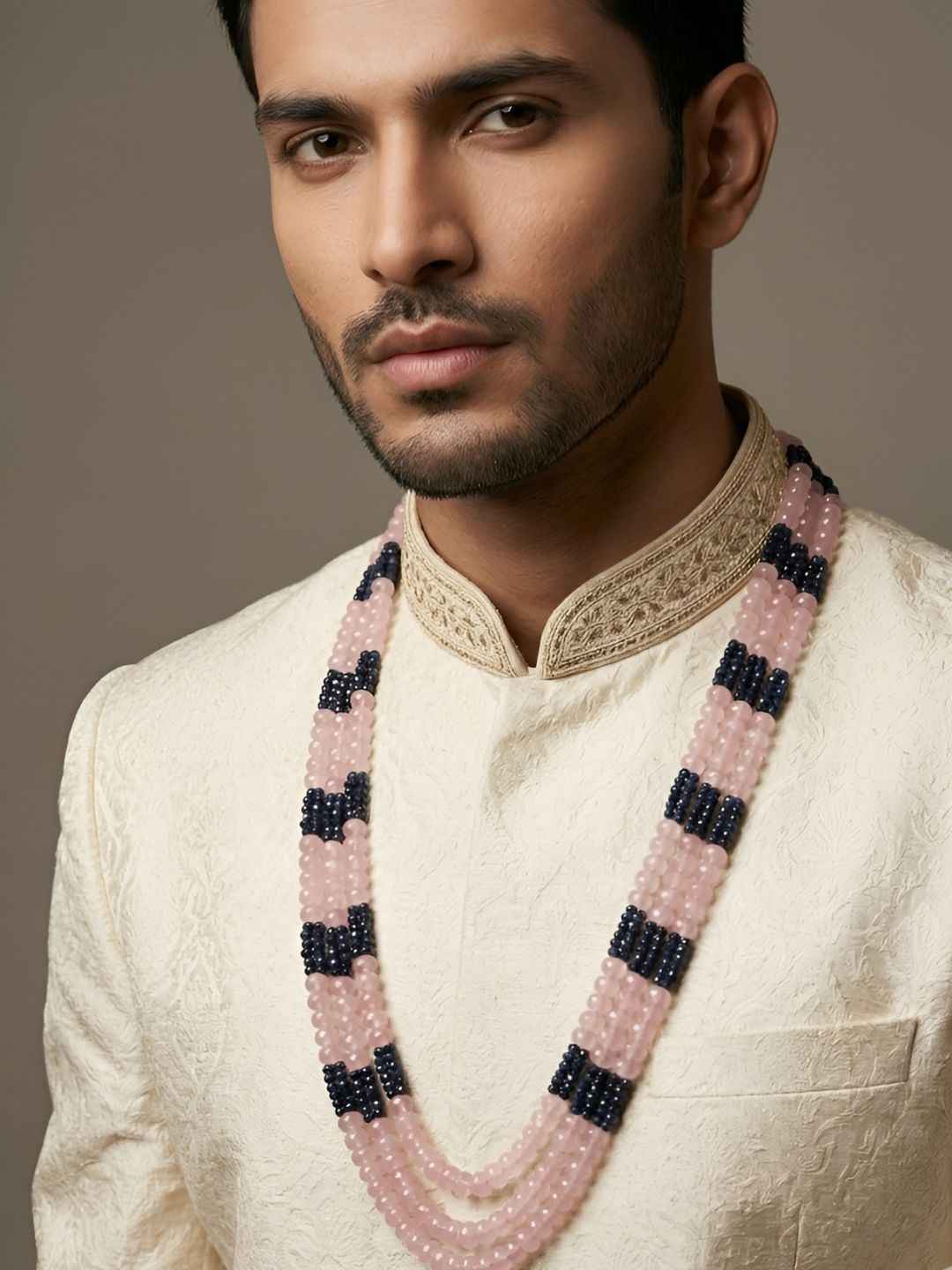 Designer Long Layered Pink Jade And Blue Hydro Beaded Necklace - Saree And Sherwani Necklace