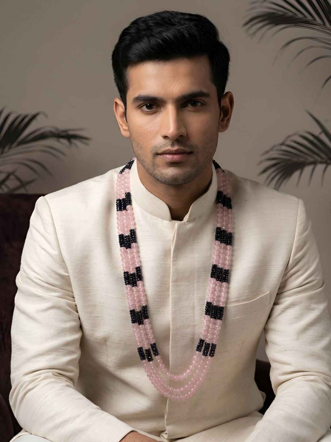 Designer Long Layered Pink Jade And Blue Hydro Beaded Necklace - Saree And Sherwani Necklace