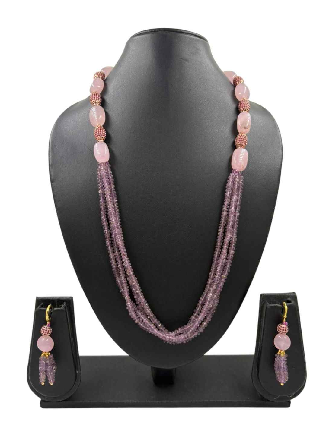 Handcrafted Rose Quartz & Natural Amethyst Beaded Necklace Set - Festive & Party Wear