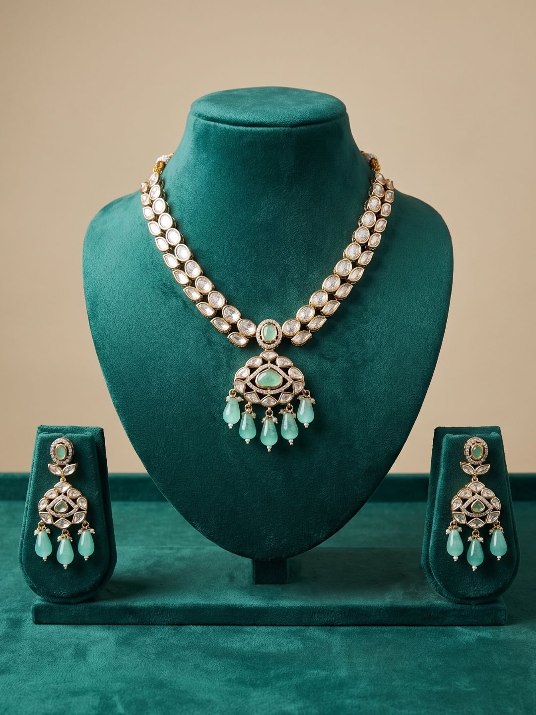 Rose Gold Finish Kundan Necklace Set - Wedding And Party Wear mint green stones and beaded Kundan Jewelry