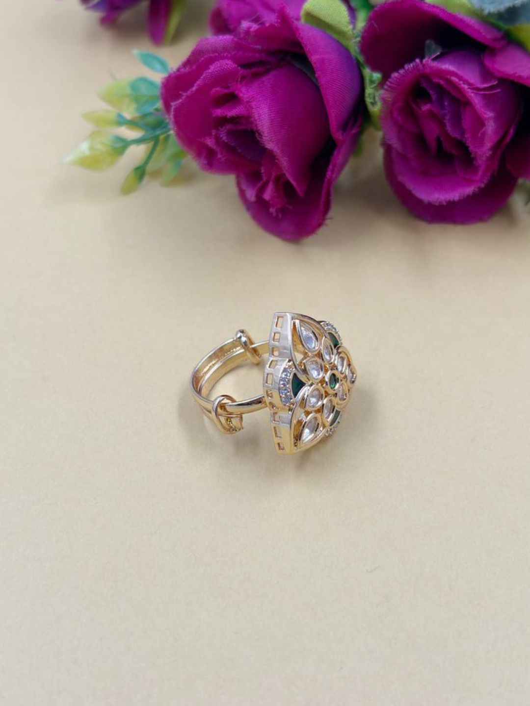 Gold Plated Meenakari And Kundan Adjustable Ring For Ladies - Festive And Party Wear