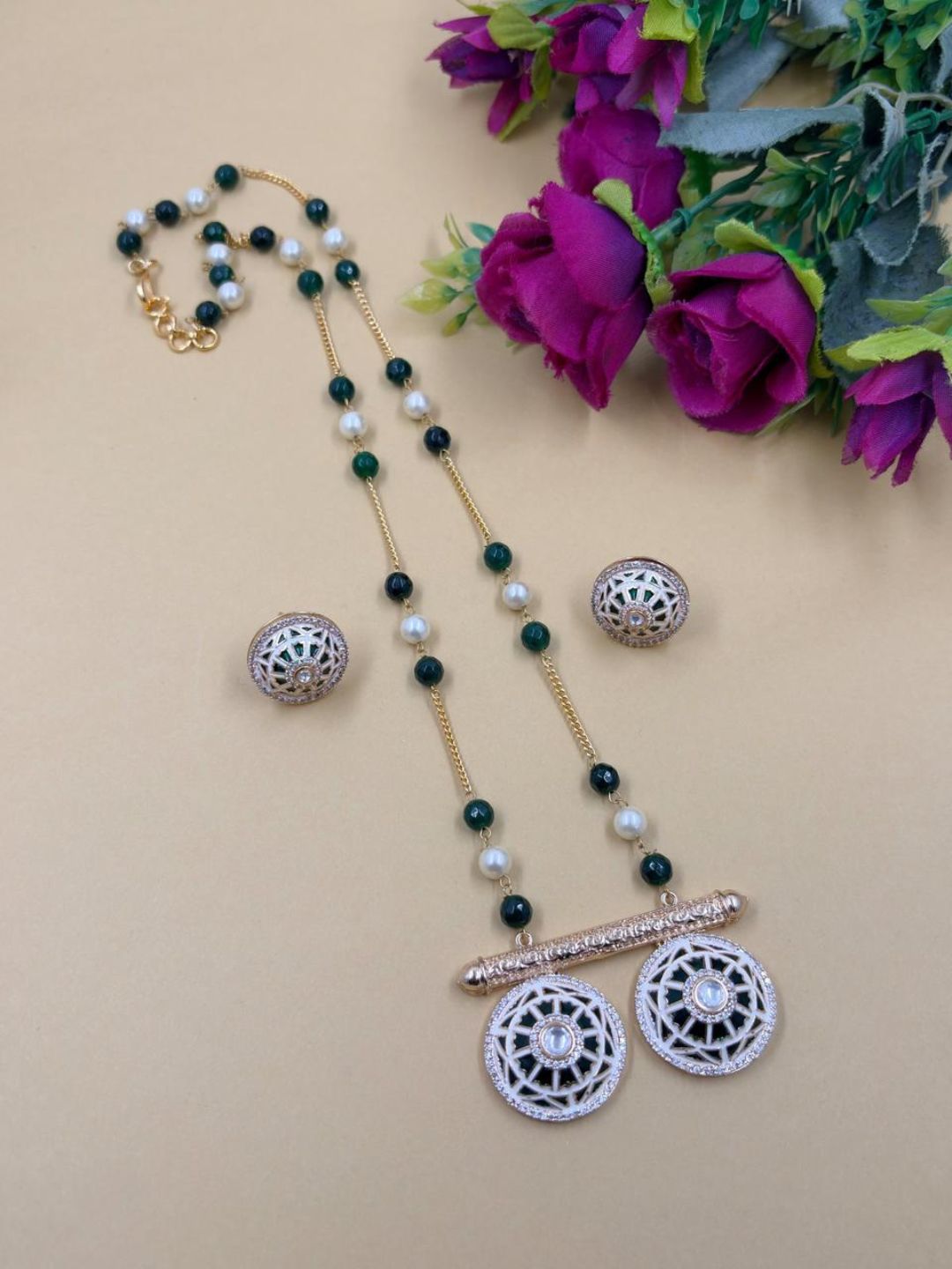 Traditional Long Beaded Chain Pendant Necklace Set With green Meenakari - Ethnic Jewellery Set