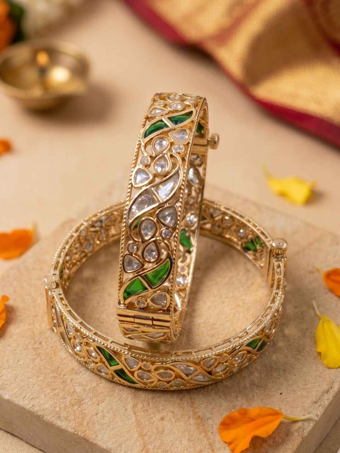 Gold Palted Uncut Polki Kundan Kada Bangles | Wedding And Festive Wear Indian Bangles