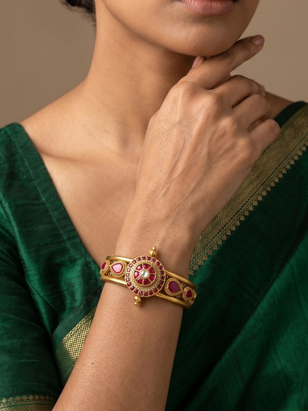 Ethnic Gold Plated Jadau Antique Gold Openable Kada Bracelet | Wedding And Festive Wear Bracelet