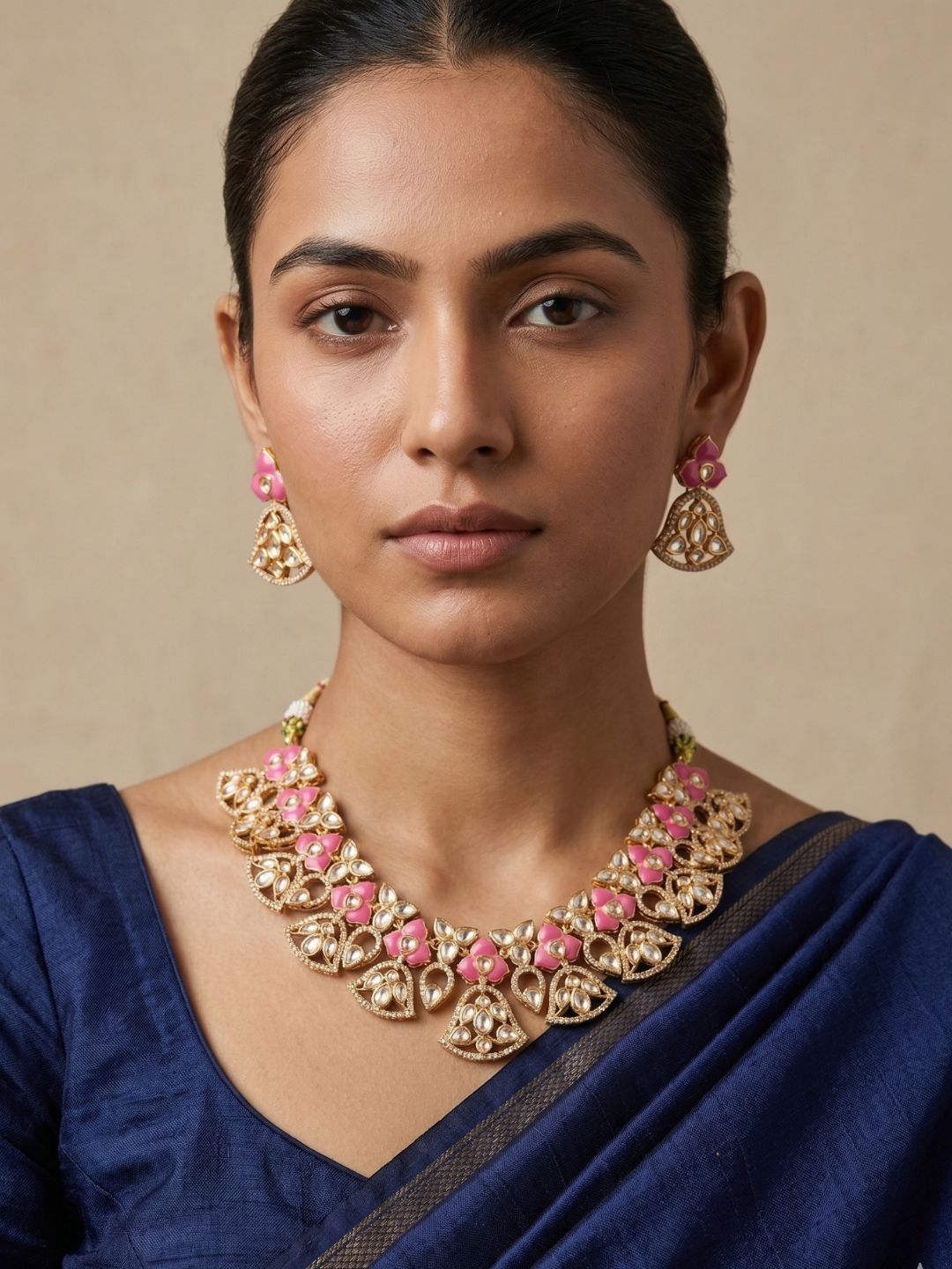 Designer Gold Plated pink Kundan Polki Necklace Set For Weddings - Bridal Necklace Set
