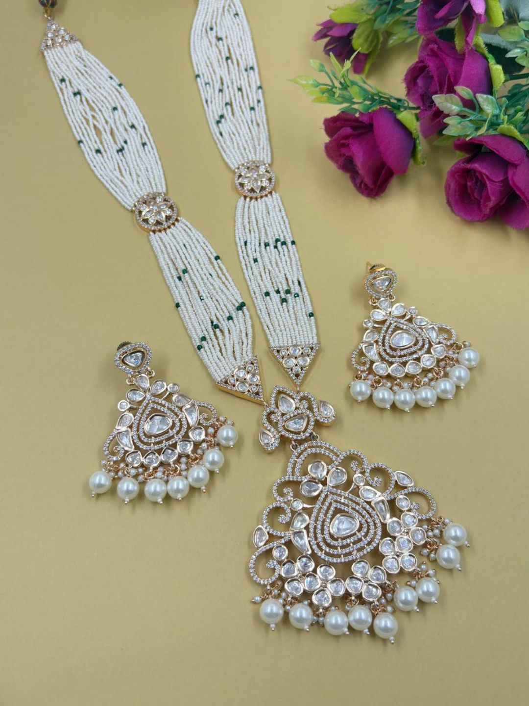 Long Mossanite Polki Pendant Necklace Set With Beaded Pearls - Luxury Wedding Necklace