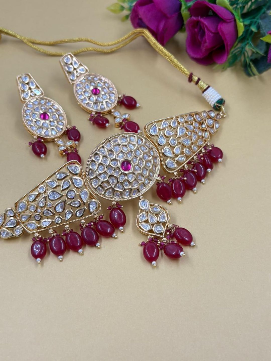 Gold Plated Statement Look red beaded Kundan Choker Necklace Set - Wedding And Party Wear
