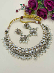 Dual Tone Victorian Finish Uncut Polki Kundan Necklace Set For Women - Party & Wedding Wear Jewellery