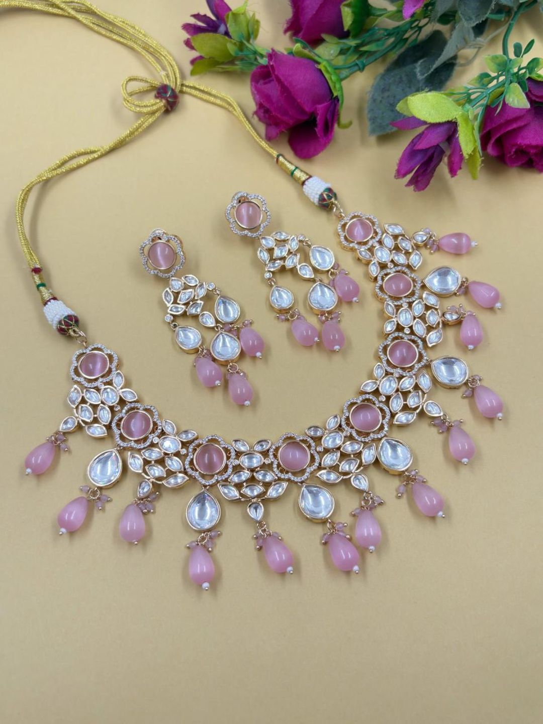 Elegant pink Polki Kundan Necklace Set For Women - Wedding & Party Wear Kundan Jewellery Set