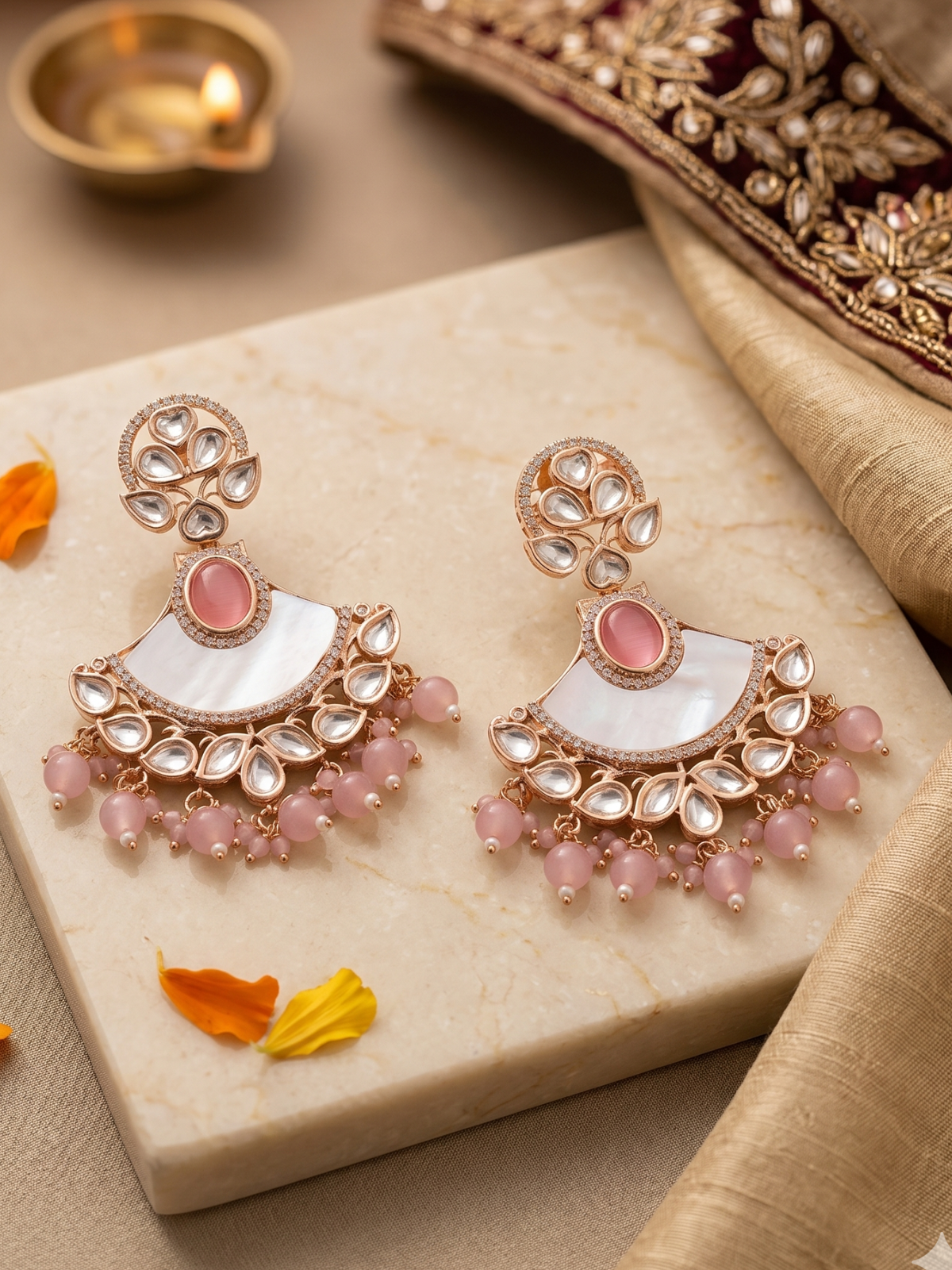 Designer Kundan And Mother Of pink Beaded Chandbali Earrings For Women  - Statement Earrings