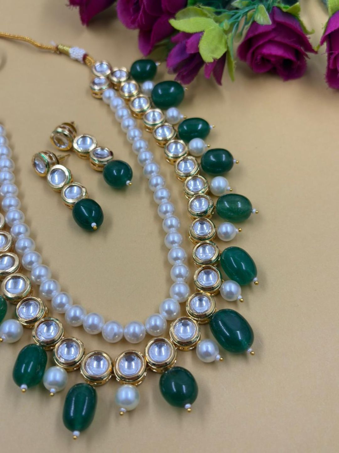Traditional Gold Plated Beaded Kundan Necklace Set For Women - Ethnic Indian Jewellery Set