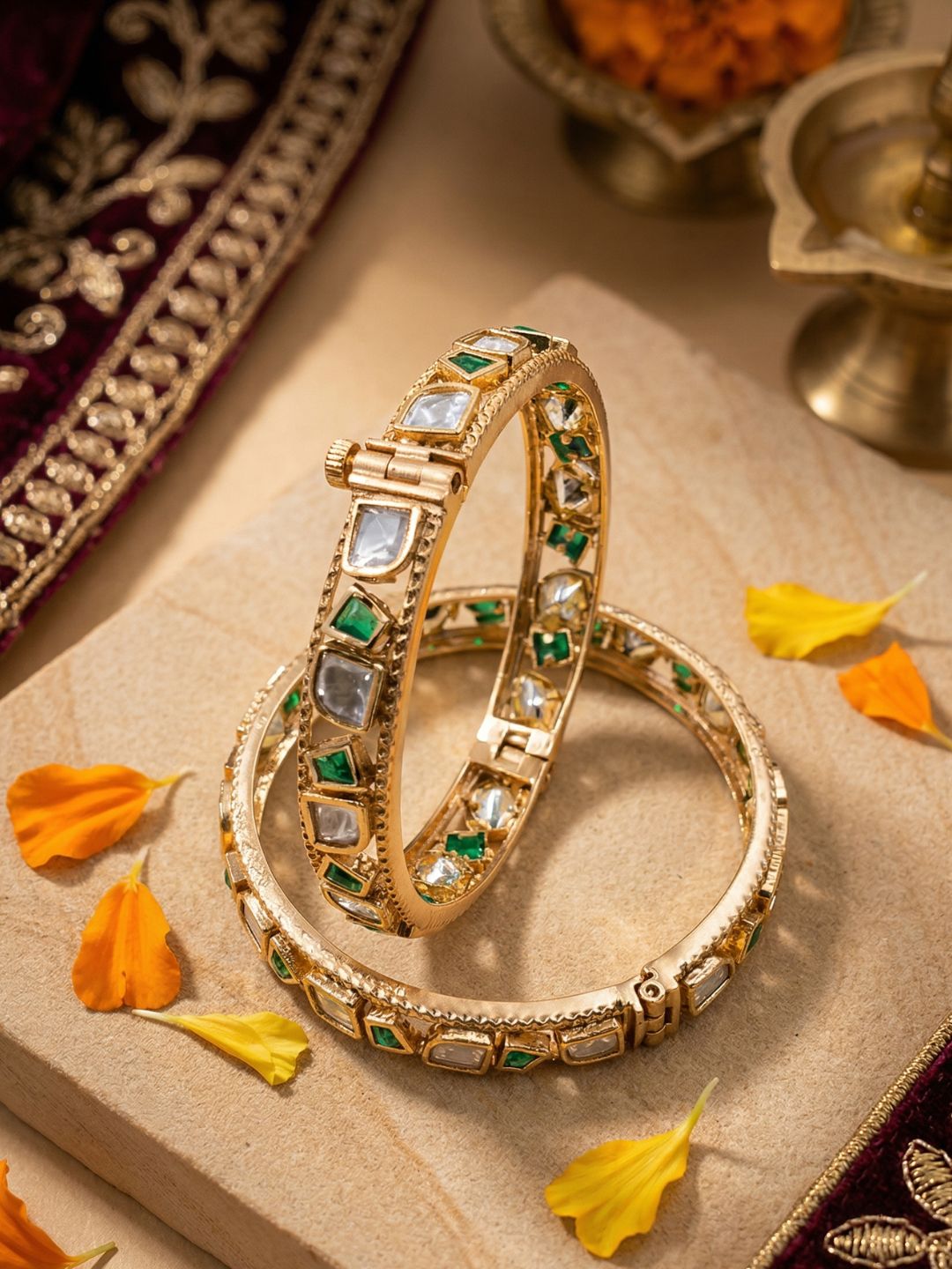 Elegant Gold Plated Emerald & Uncut Polki Bangles Set For Women - Wedding & Festive Wear