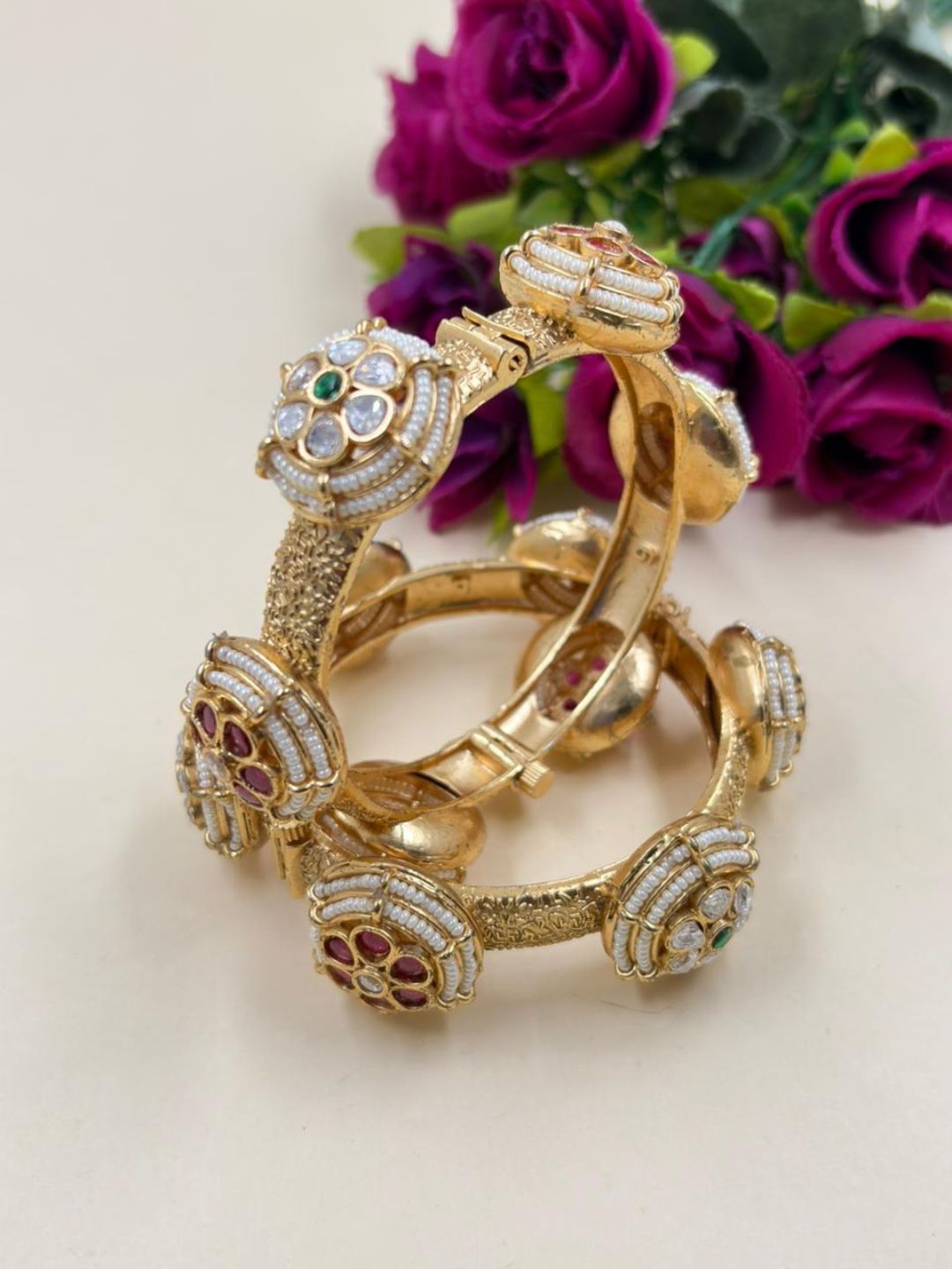 Traditional Gold Plated Kundan Kada Bangles For Women - Wedding & Party Wear 