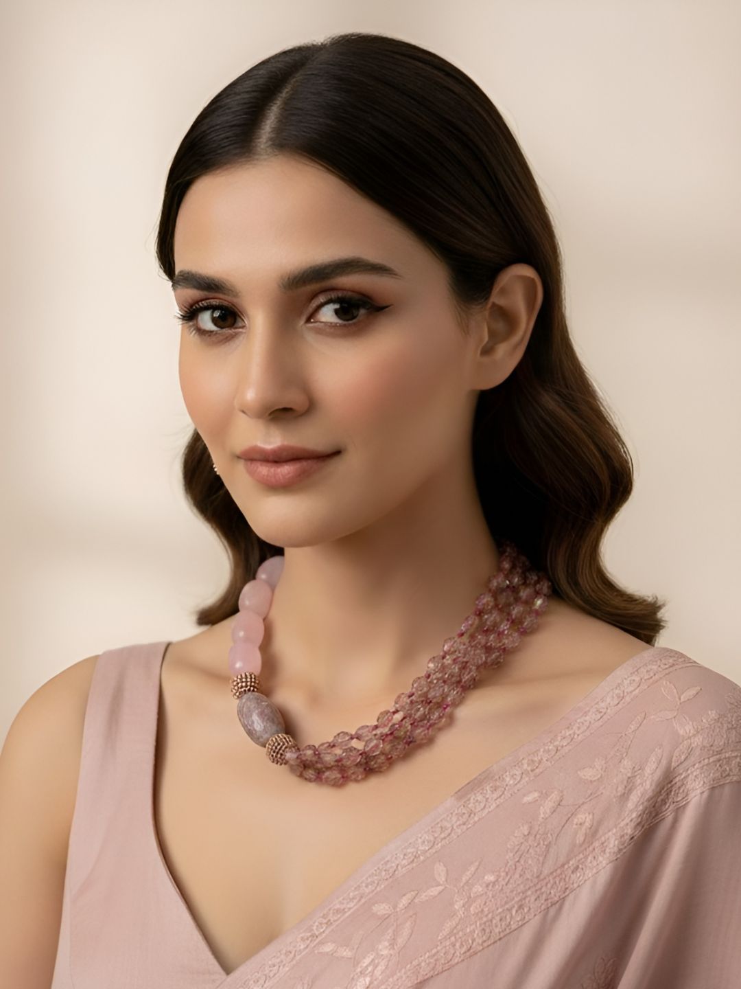 Elegant Natural Amethyst & Rose Quartz Beaded Necklace For Women - Purple Beads Necklace