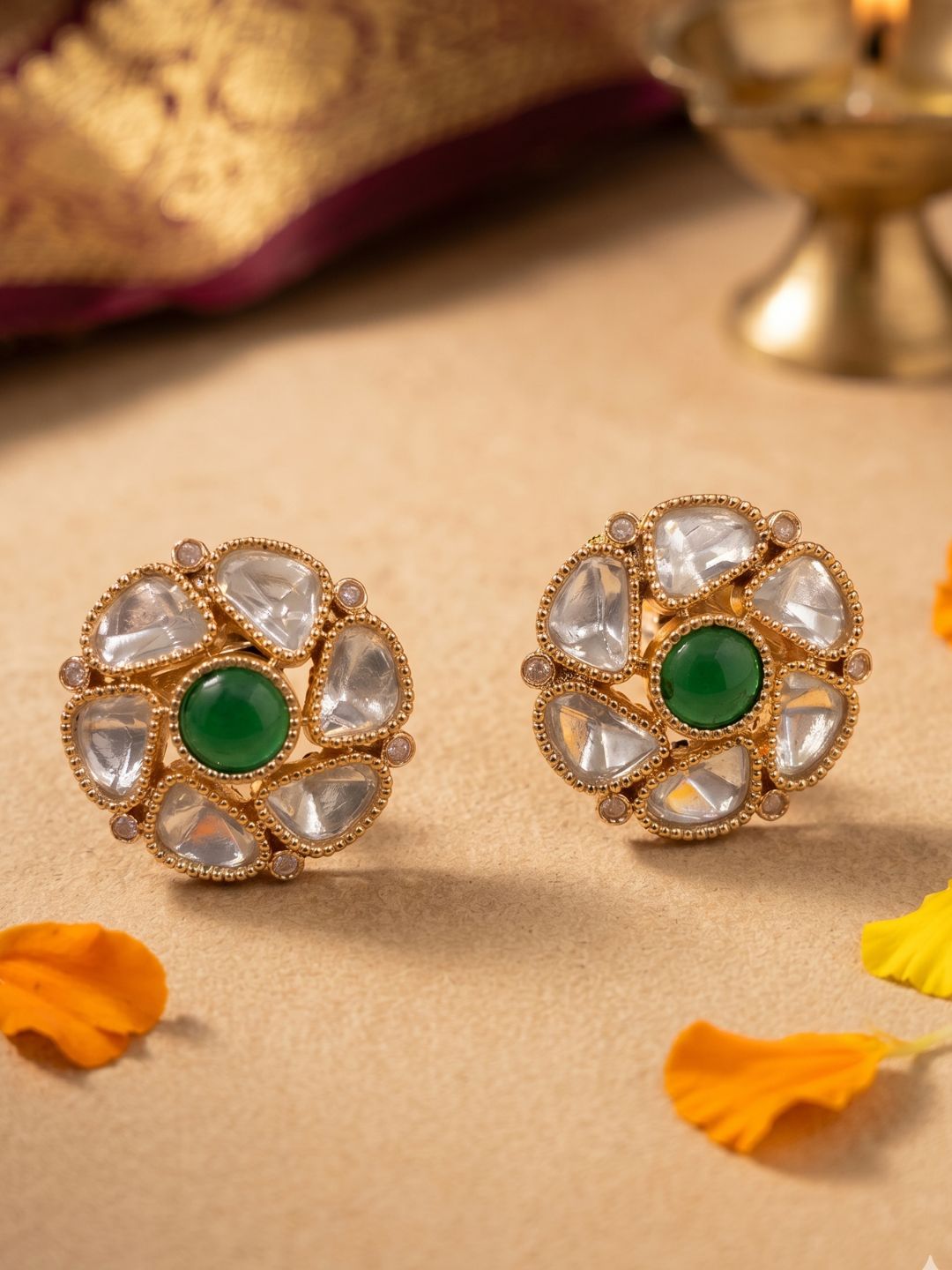 Elegant Gold Plated Polki Kundan Stud Earrings For Women | Ethnic And Traditional Indian green kundan stud Earrings