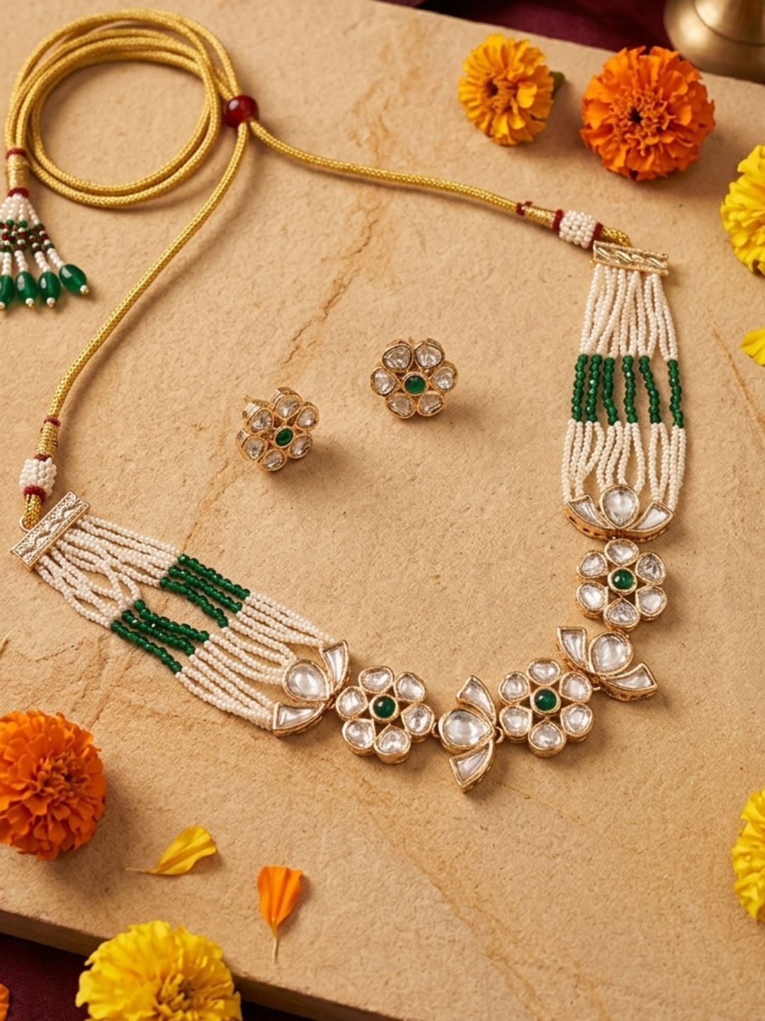 Modern Kundan And Pearl green beaded Choker Necklace Set | Contemporary Indian Choker Jewelry