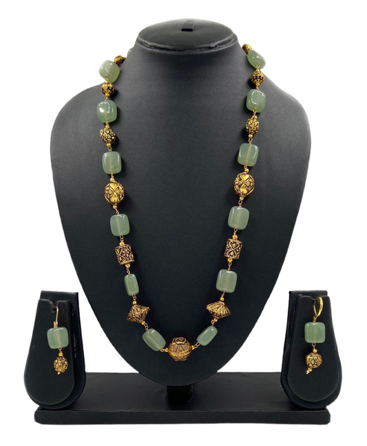 Designer Semi Precious Pastel Green Jade Single Strand Beaded Necklace For Woman Golden Beads Jewellery