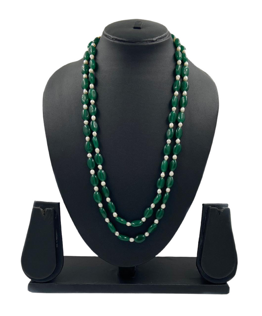 Traditional Semi Precious Double Layered Green Jade and real pearl  Beads Necklace Beads Jewellery