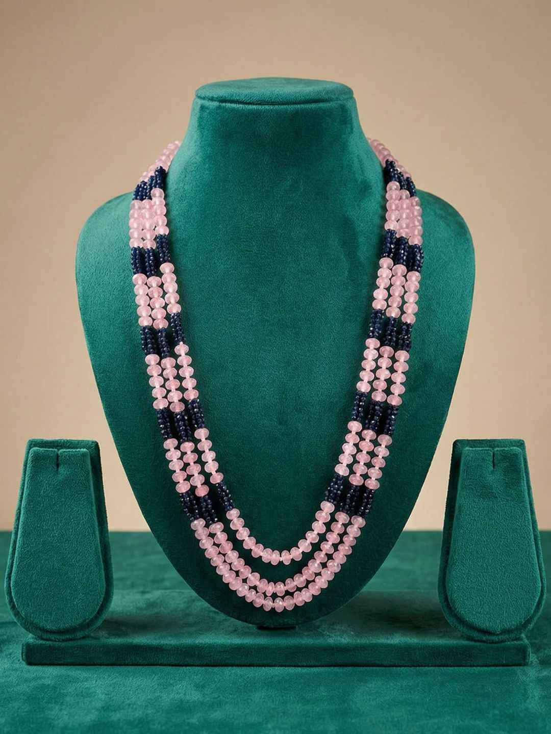 Designer Long Layered Pink Jade And Blue Hydro Beaded Necklace - Saree And Sherwani Necklace