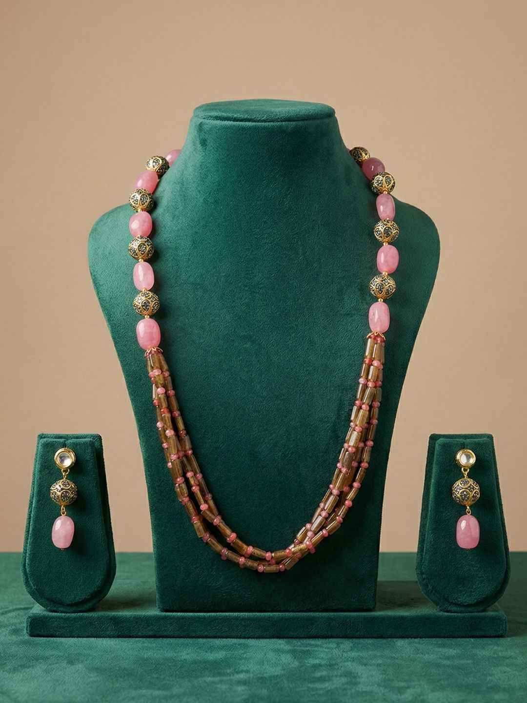 Handcrafted Pink And Green Jade Gemstone Beaded Necklace Set - Traditional And Ethnic Wear