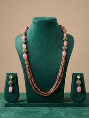 Handcrafted Pink And Green Jade Gemstone Beaded Necklace Set - Traditional And Ethnic Wear