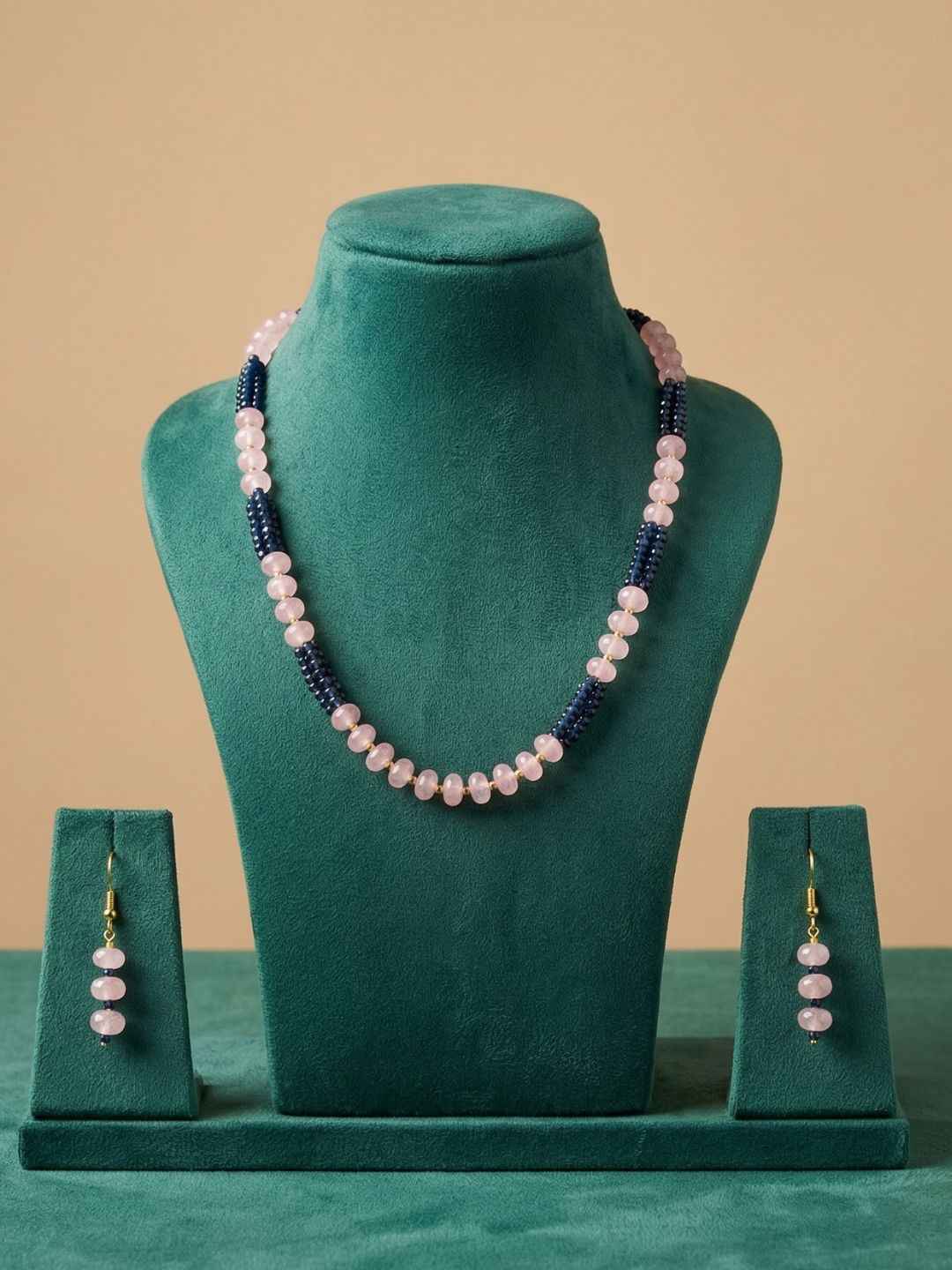 Handcrafted Single Layer Blue Hydro And Rose Quartz Beaded Necklace - Festive & Party Wear