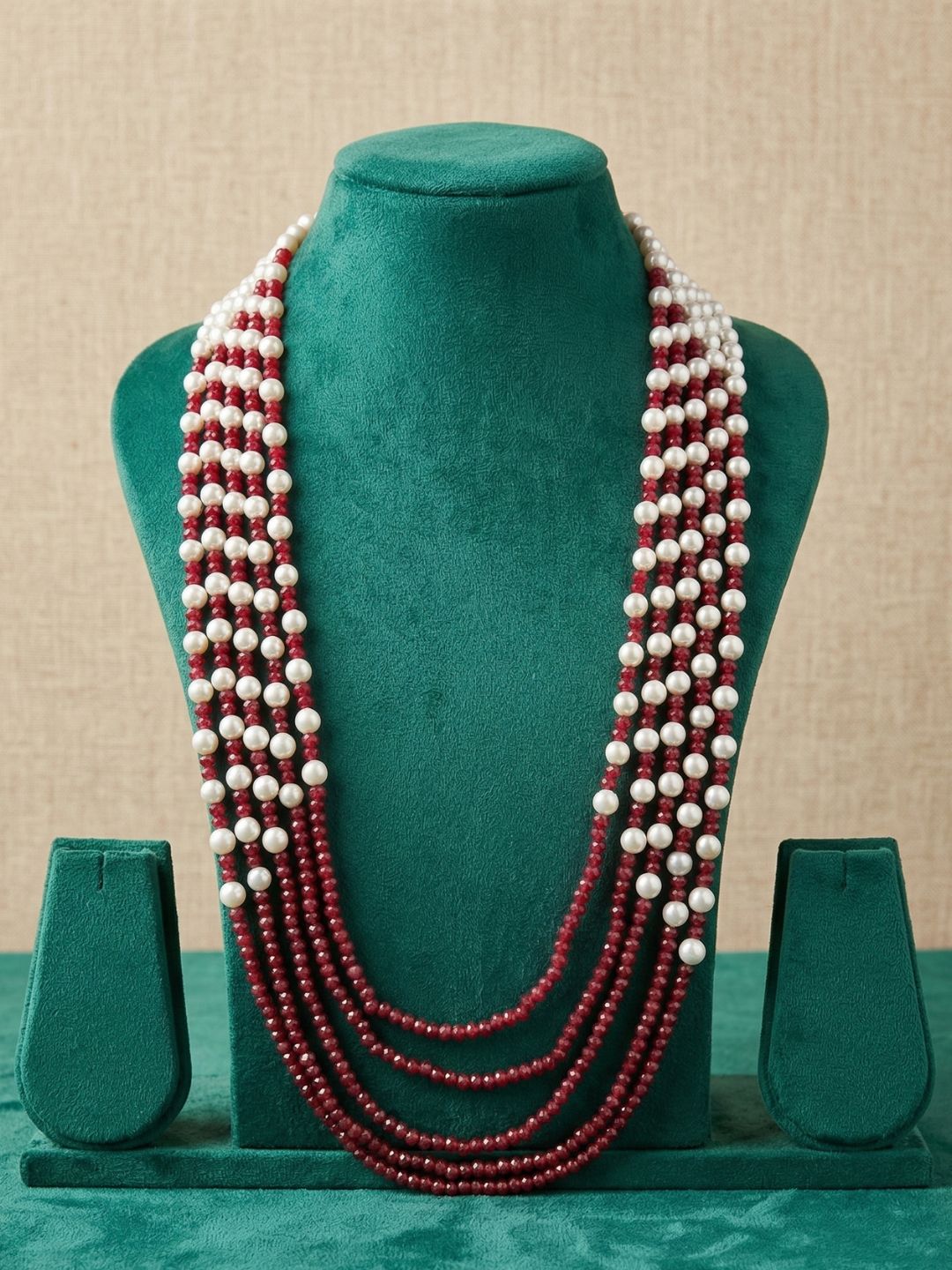 Multi Layered Pearls And Red Beads Necklace For Sarees And Dresses online