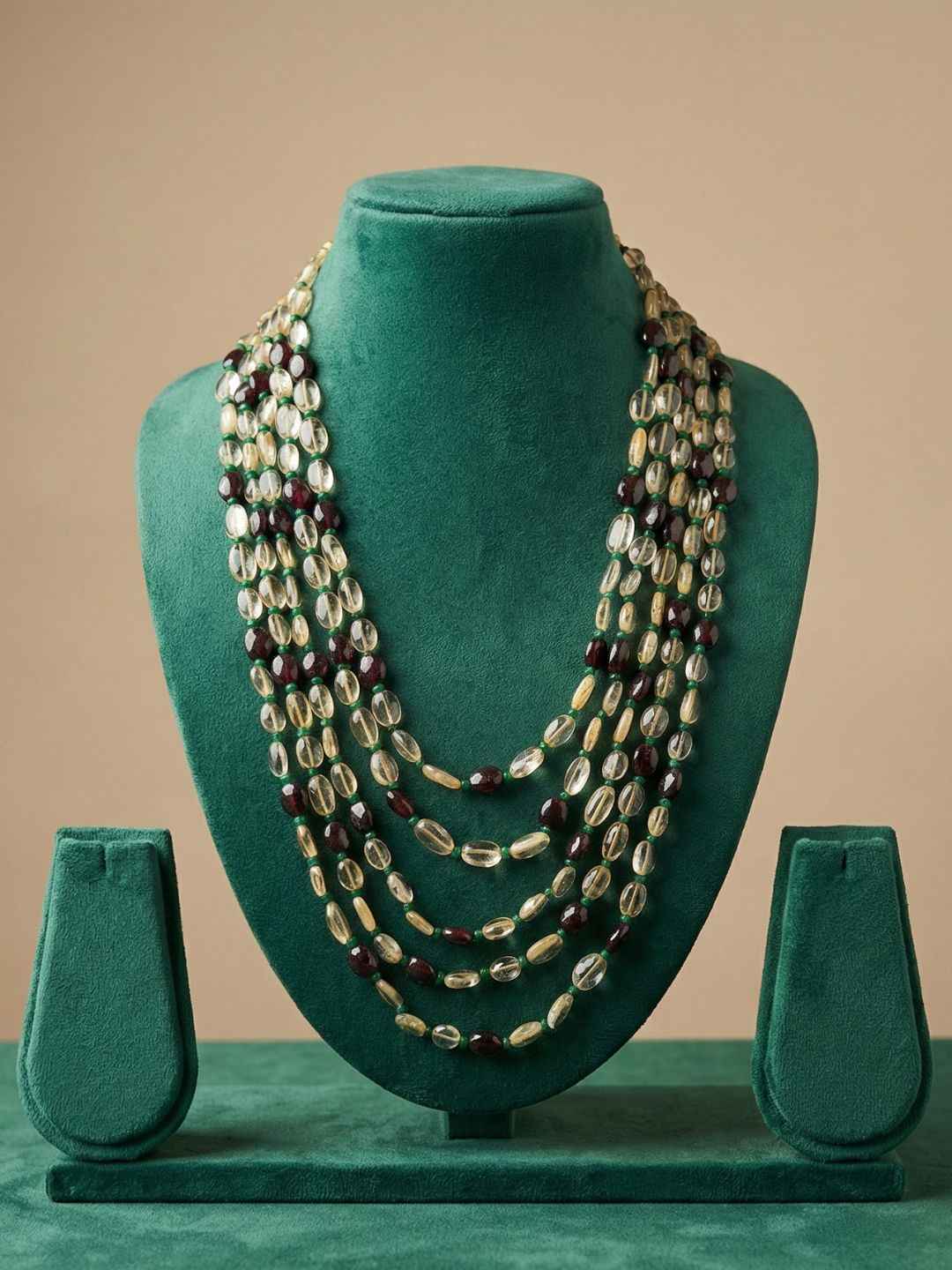 Semi Precious Layered Garnet And Yellow Citrine Beaded Necklace For Women