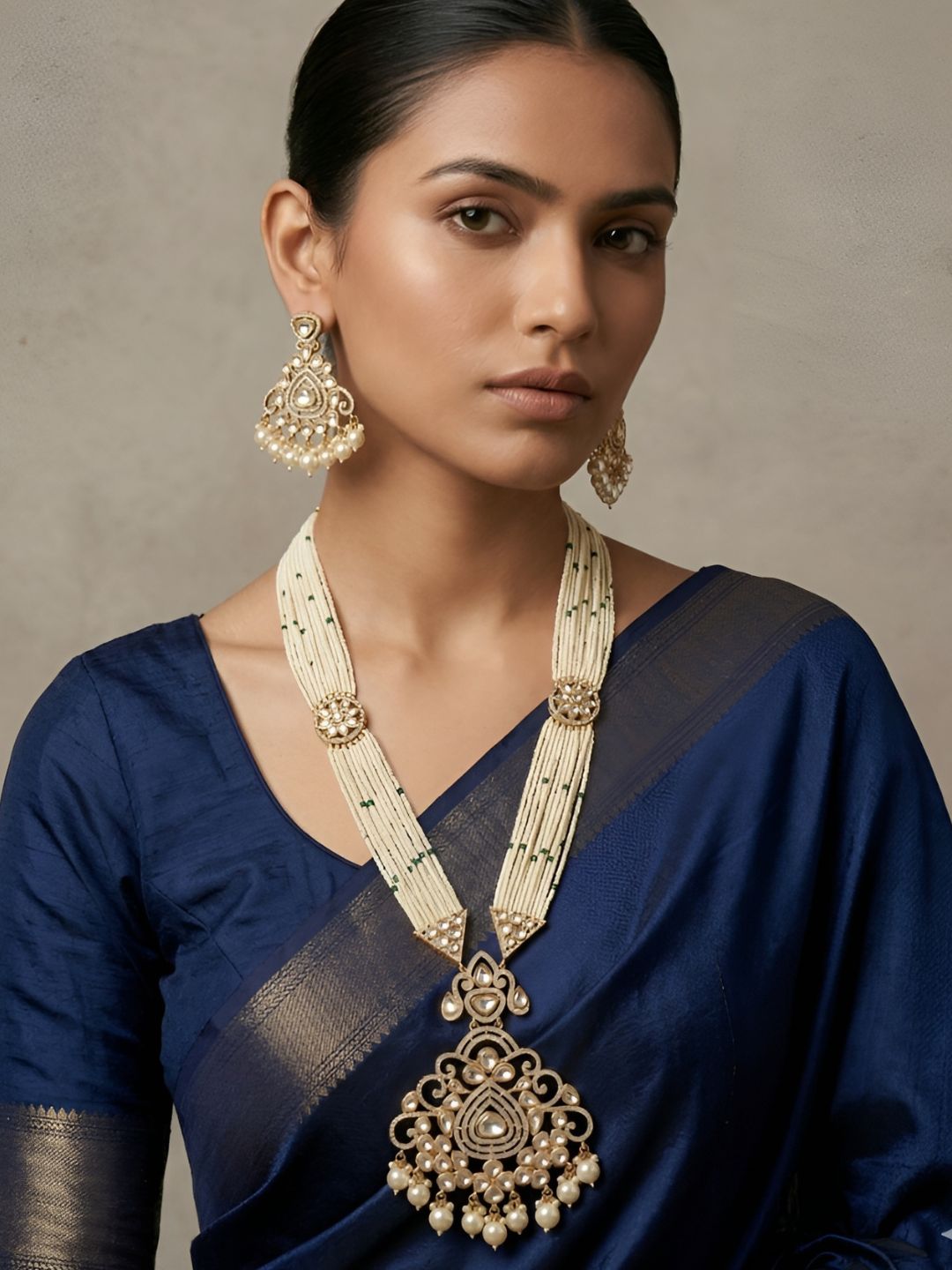 Long Mossanite Polki Pendant Necklace Set With Beaded Pearls - Luxury Wedding Necklace