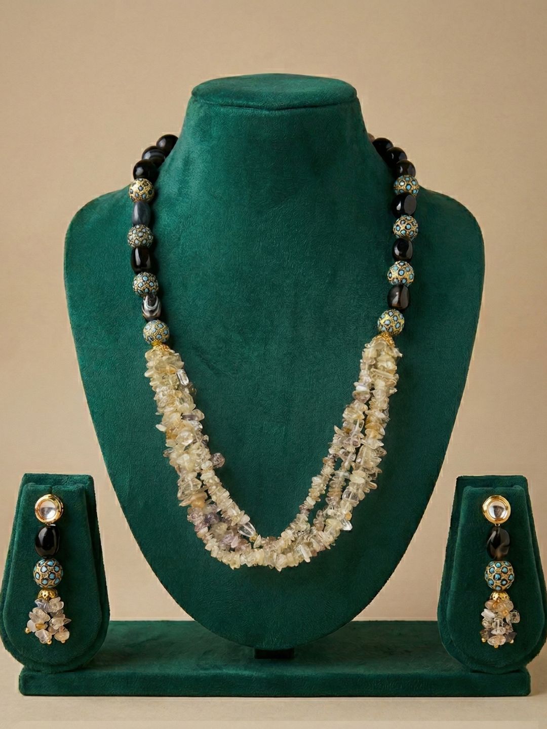 Designer Black And White Beaded Jewellery Set - Elegant Gemstone Jewellery