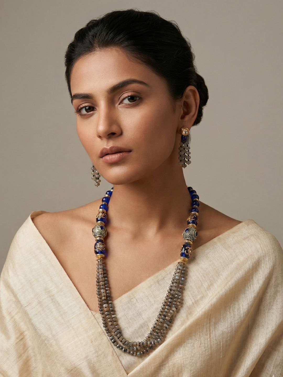 Designer Blue Jade & Natural Labradorite Gemstone Beaded Necklace Set For Women
