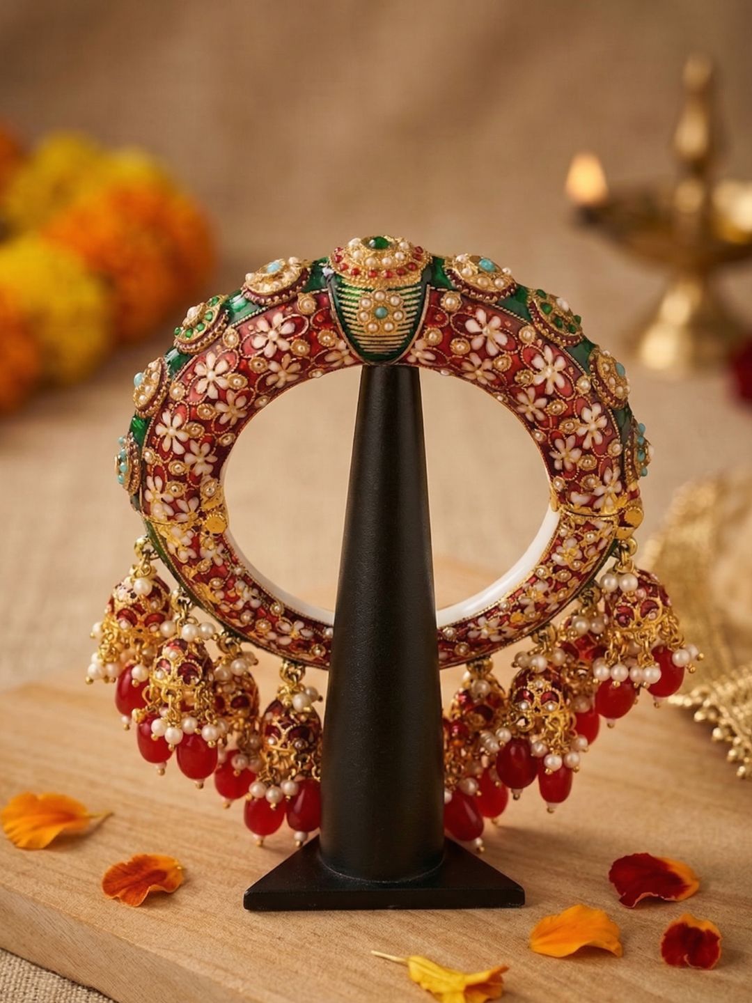 Traditional Rajasthani Meenakari Red Pacheli Kada With Jhuma By Gehna Shop