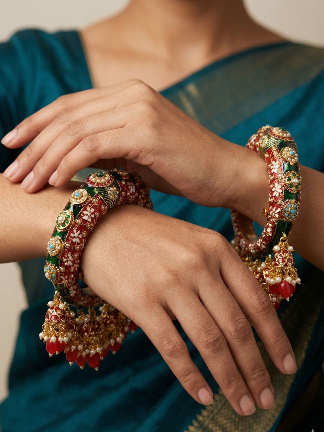 Traditional Rajasthani Meenakari Red Pacheli Kada With Jhuma By Gehna Shop
