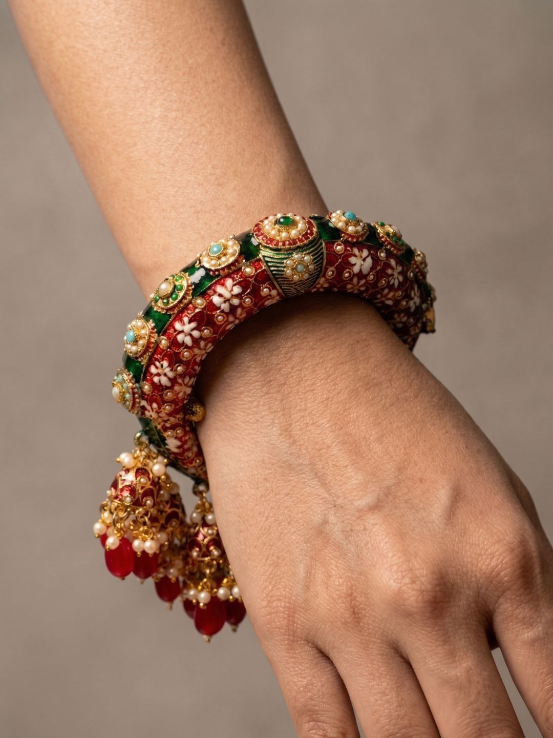 Traditional Rajasthani Meenakari Red Pacheli Kada With Jhuma By Gehna Shop