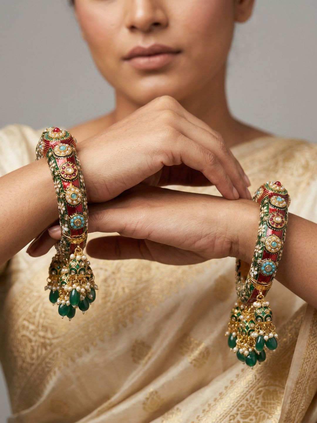 Traditional Rajasthani Green Meenakari Pacheli Kada Bracelet With Jhuma By Gehna Shop