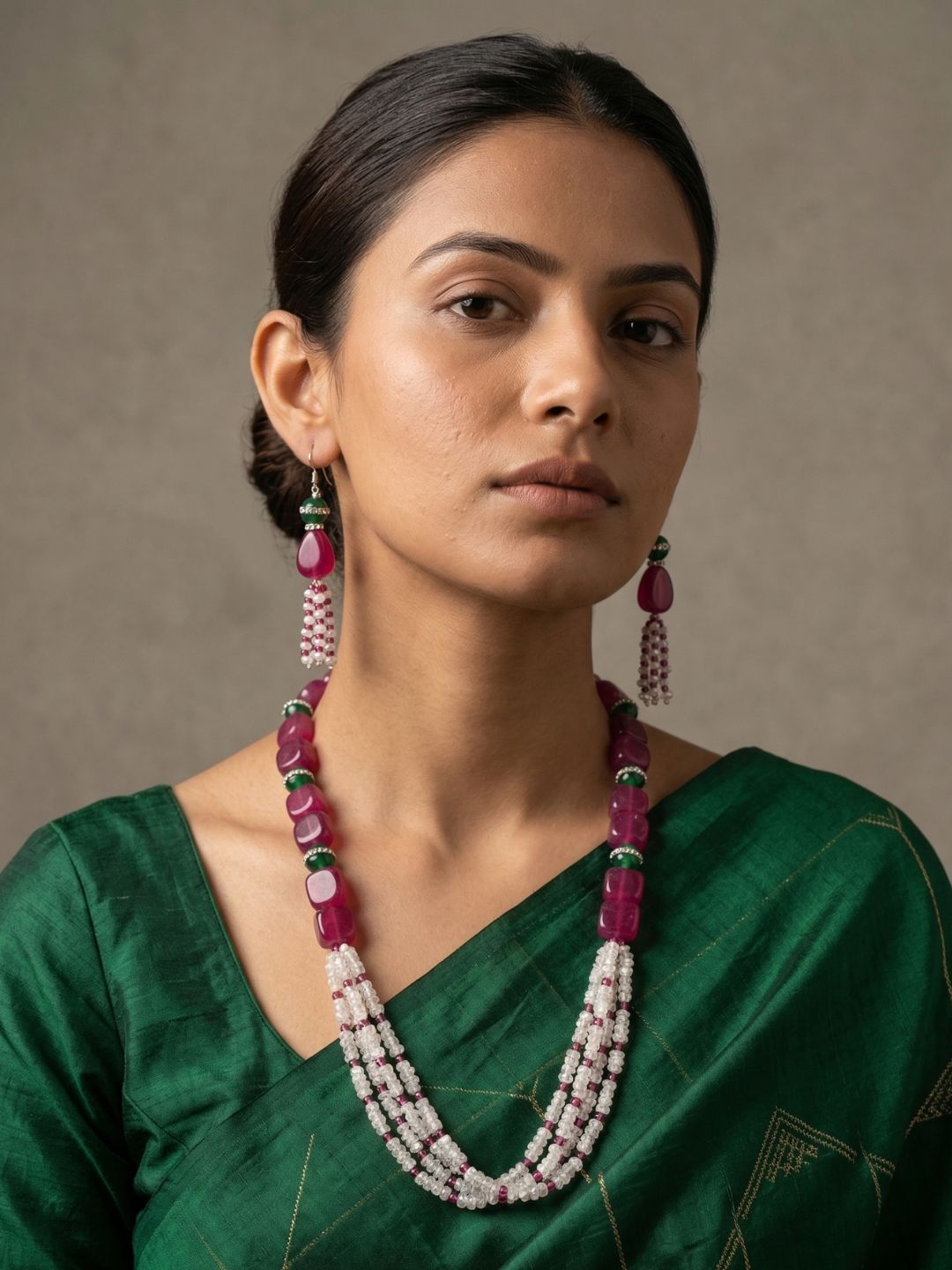 Designer Pink Stone Beaded Jewellery Set - Ethnic & Traditional Wear Beads Necklace