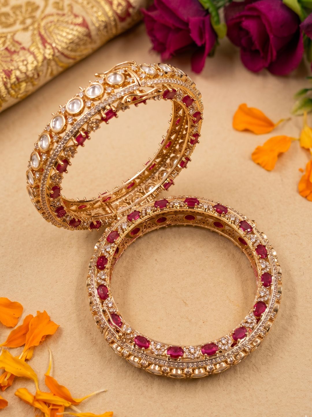 Gold Plated Luxury ruby stone  Polki Kundan Kada Bangles Set For Women | Wedding And Bridal Bangles