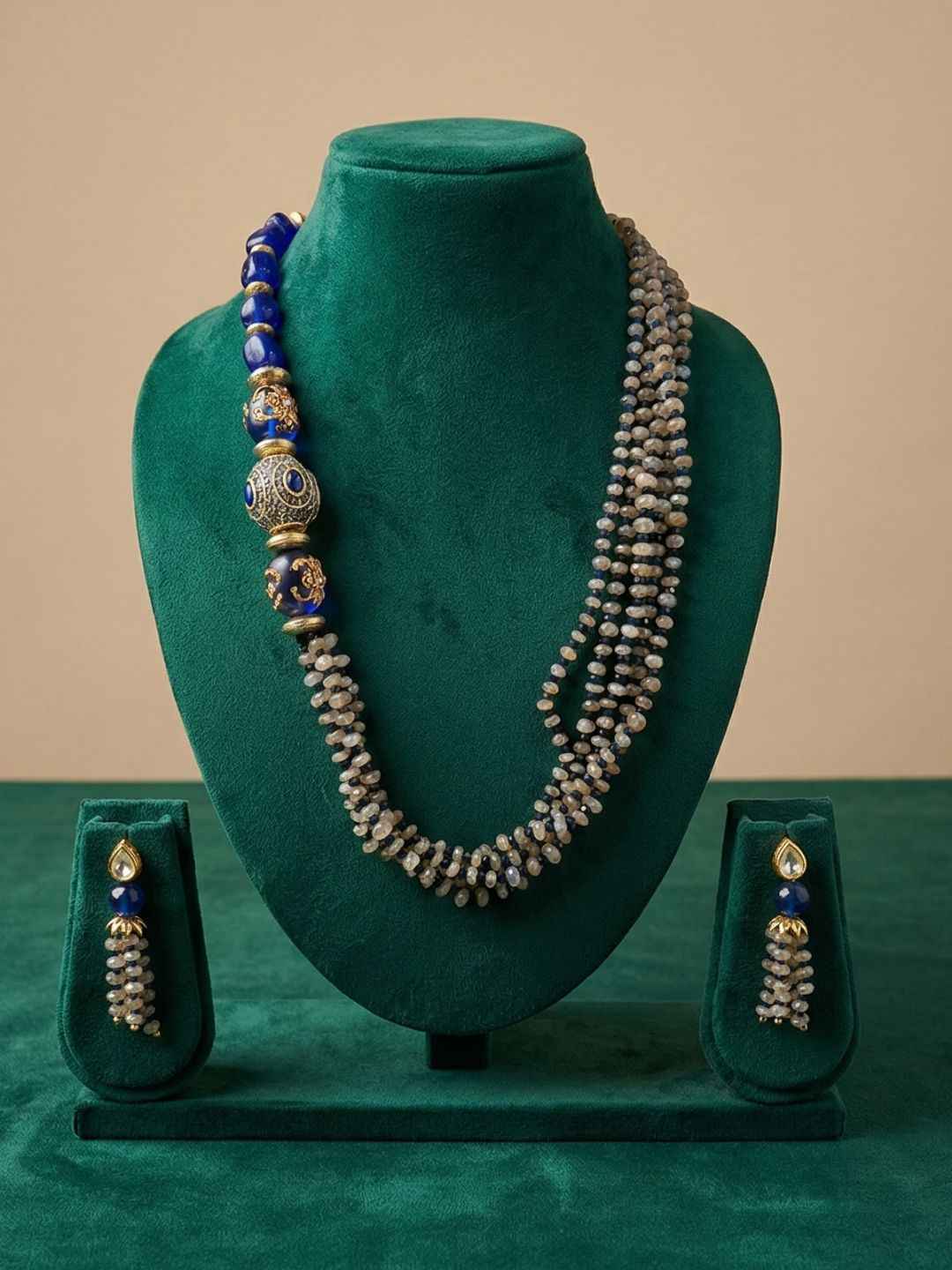 Designer Side Pattern Natural Labradorite And Blue Jade Beaded Necklace Set For Women