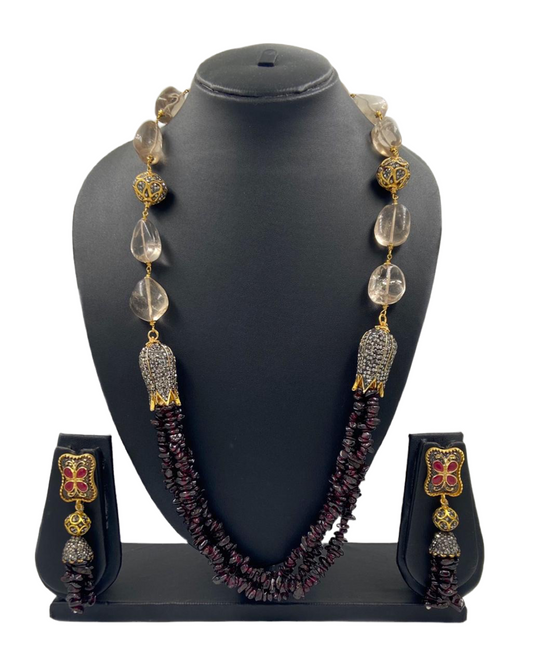 Designer Semi Precious Garnet Beaded Jewellery Necklace Set For Woman