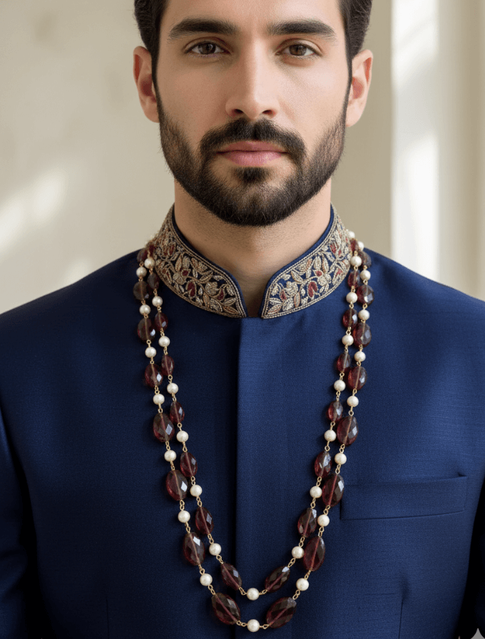 Designer Freshwater Pearls And Hydro Pink Tourmaline Beaded Necklace Set - Unisex Wedding and Festive Wear Jewelry - for Men