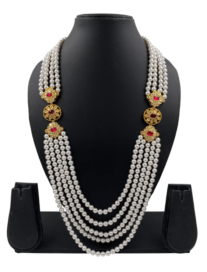 Designer Long Kundan Brooch And Pearls Necklace For Sherwani And Saree - Unisex Wedding Jewelry Design