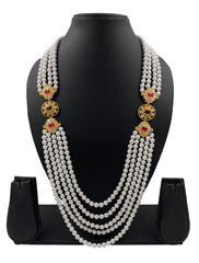 Designer Long Kundan Brooch And Pearls Necklace For Sherwani And Saree - Unisex Wedding Jewelry Design